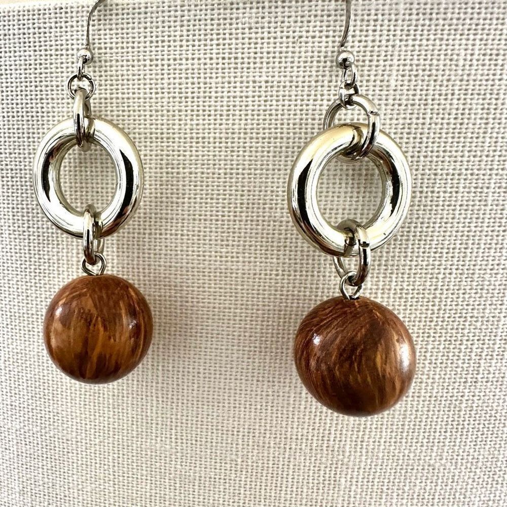 Silver and brown ball drop earrings